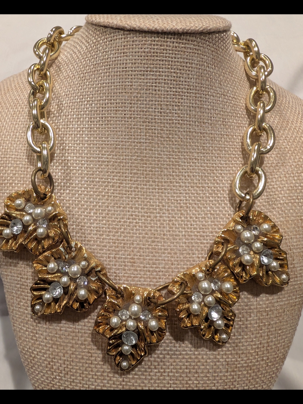 Authentic Jacky De G Gold Leaf Pearl Statement Necklace